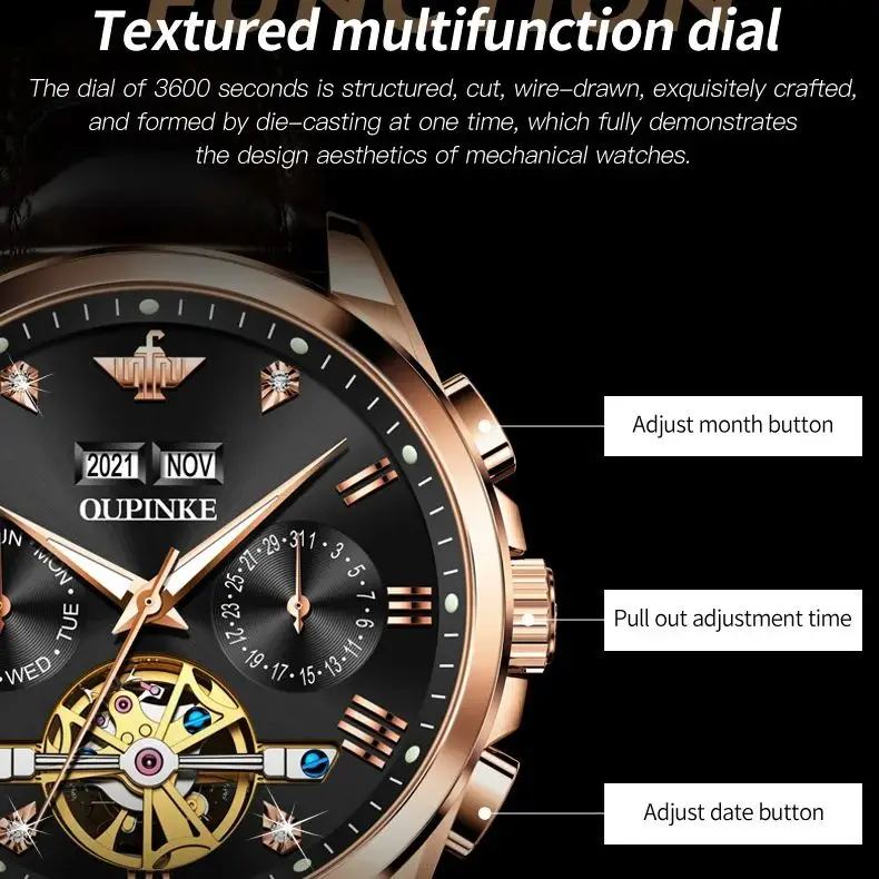 OUPINKE Flywheel Watch for Men Dual Calendar Chronograph Waterproof Leather Strap Sapphire Mirror Automatic Watch for Man