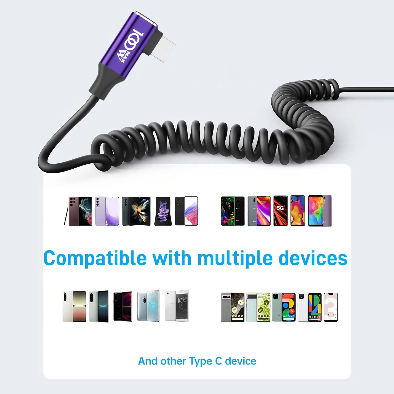 High-Speed Right-Angle Coiled USB-A to Type-C Car Charging Cable, 5-Foot Length