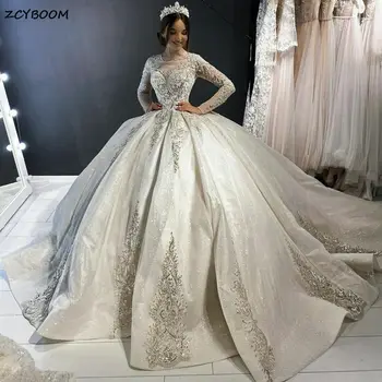 Abiti da Sposa Lussuosi Personalizzati Stile Ball Gown 2026, Abiti da Sposa Principessa con Applicazioni in Pizzo, Scollo a O, Strascico a Cappella, Vestido De Noiva