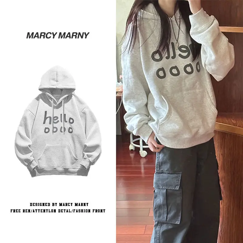 LHH American Style Fleece Hoodie Women's Autumn Winter Korean Version Lazy Letter Student Cap Sweater INS Loose Fit Long Sleeve