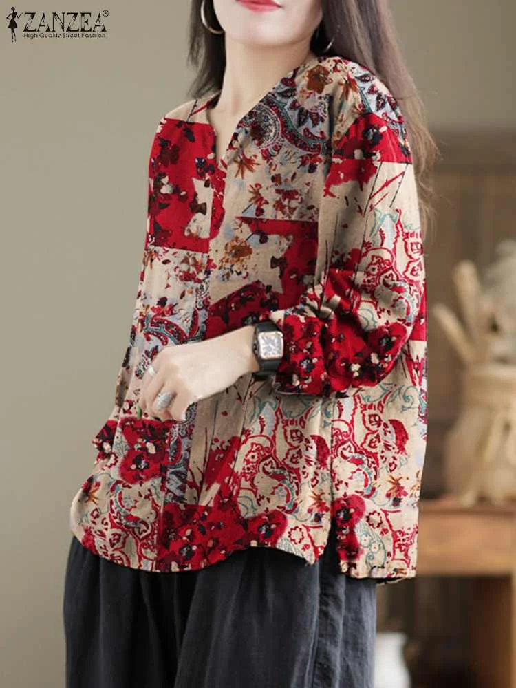 

ZANZEA Fashion Street Blusas Mujer Bohemian Floral Printed Blouse Autumn Long Sleeve V-Neck Tops Woman Casual Holiday Shirt 2023
