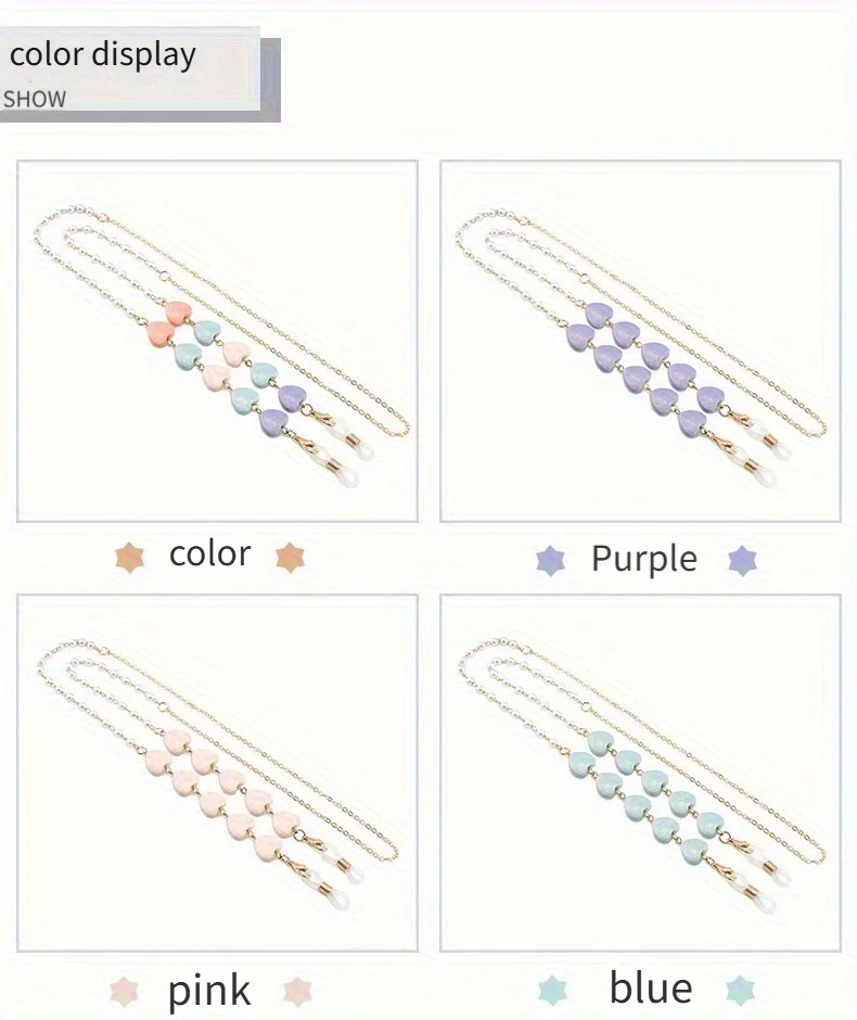 1er-Pack bunte herzförmige Brillenkette, Perlen-Herz-Maskenkette, Kopfhörerhalter, rutschfeste Verlustprävention, Brillenzubehör – Detail 3