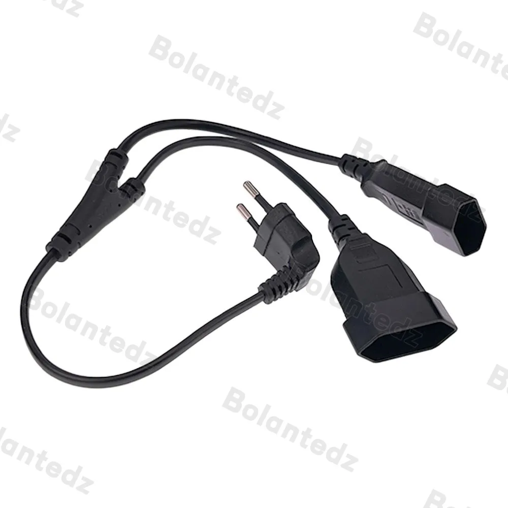Power Splitter Cable EU CEE7/16 90 Degree Male to Female Dual Output 2 Ways Outlet Extension European 2 Prong M/F