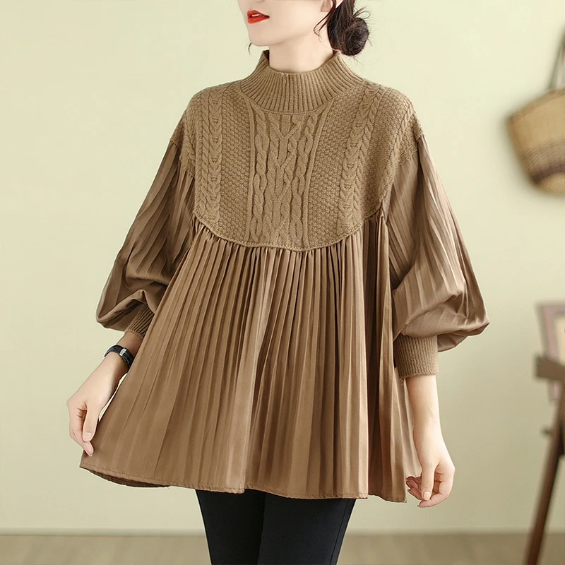 Loose Fit Women's Knitted Patchwork Sweater plus Size irt Top Slimming Effect Comfortable Long Sve High Collar Base Layer