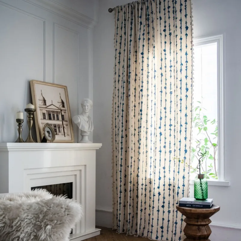 Curtain Blue Vertical Stripes Geometric Printing Kitchen Curtains Finished Drifters Semi Shading