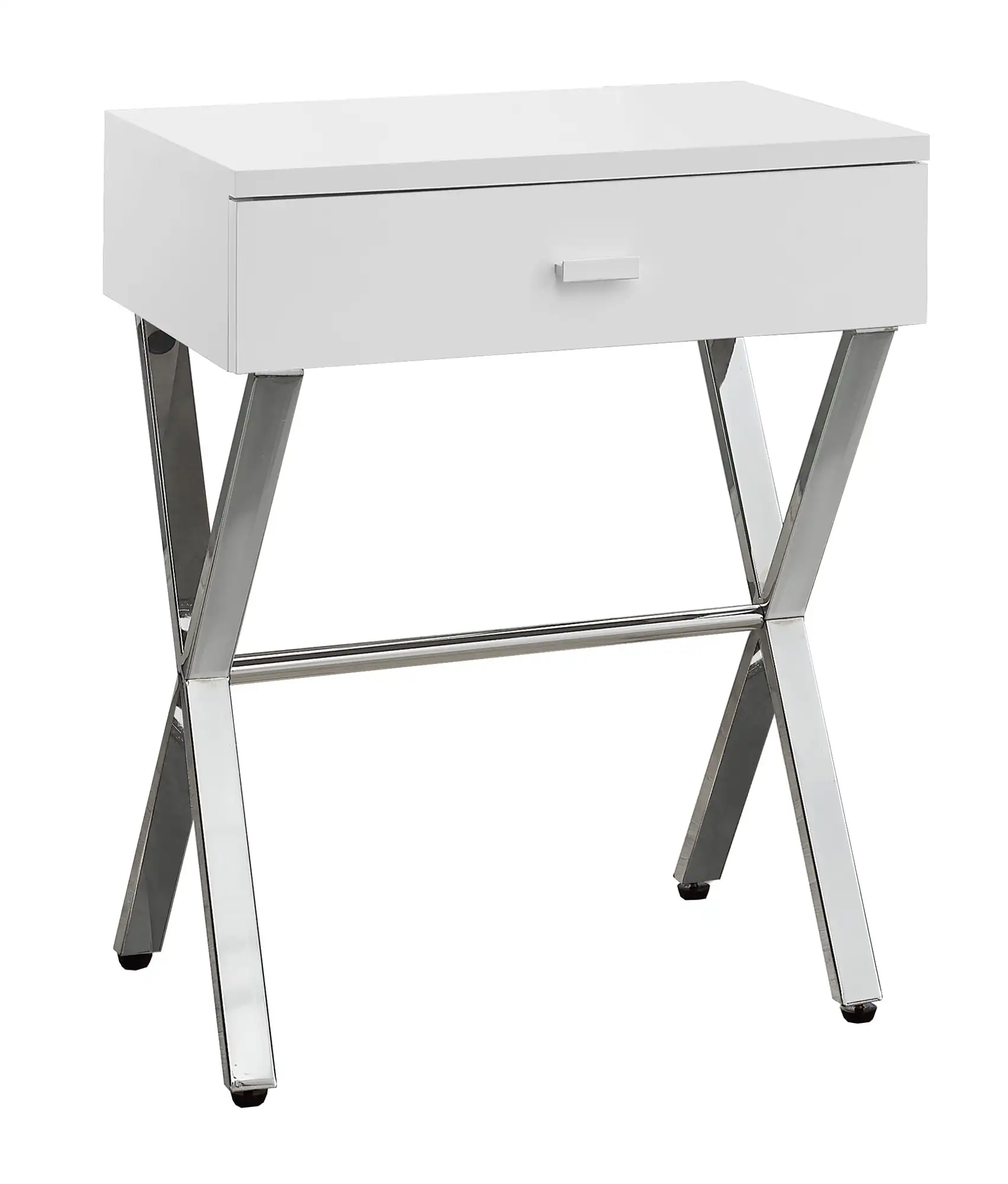 

Accent Table, Side, End, Nightstand, Lamp, Storage Drawer, Living Room, Bedroom, Metal, Laminate, Glossy White, Chrome