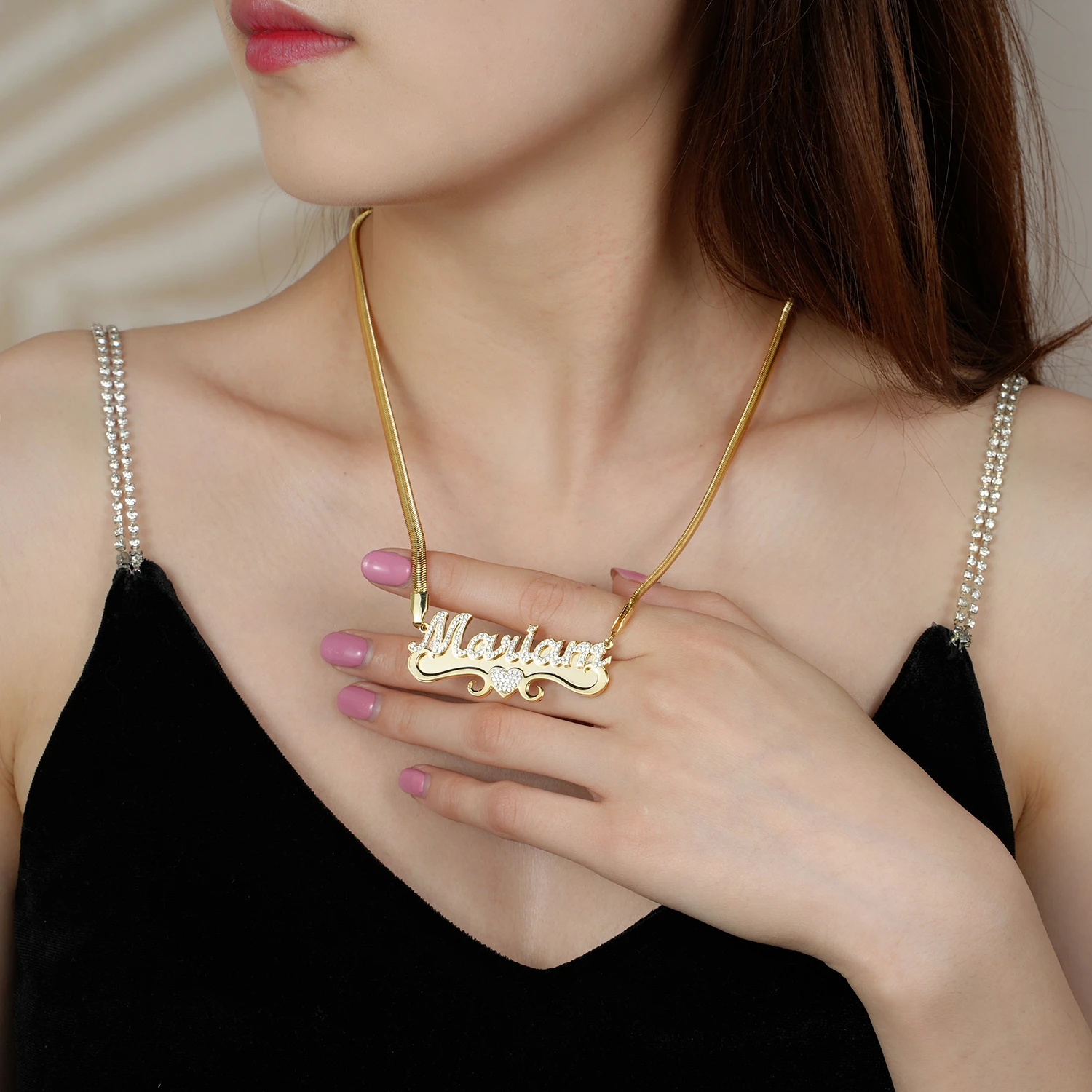 Customized Necklace 14K Gold Plated Personality Double Layer With  Icy Zircon Gold Snake Chain Letter Pendant Jewelry For Womens