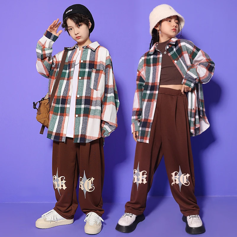 

Kids Teenage Ballroom Hip Hop Clothing Checkered Shirt Streetwear Casual Pants For Girl Boy Jazz Dance Costume Concert Clothes