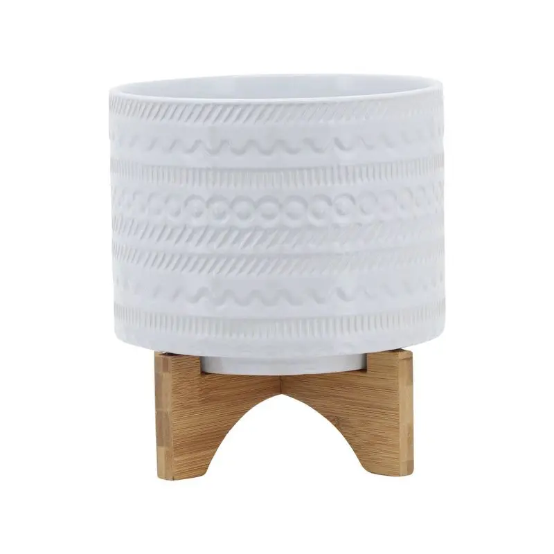 

White 8" Geometric Ceramic Planter Pots with Wood Stand