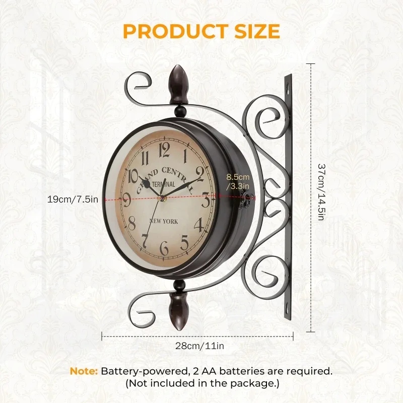 Antique-Look Wall Hanging Double Sided Clock Retro Station Clock Round Chandelier Scroll Wall Mount Home Decor Wall Clock 8 inch 2