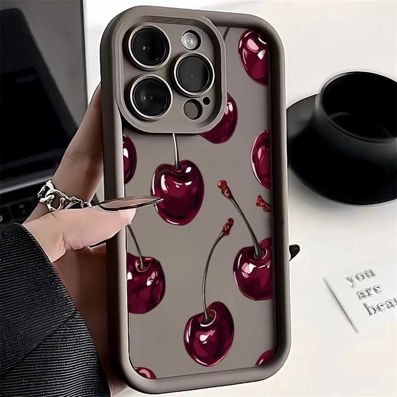 Elegant Wine Red Cherry Print Silicone Phone Case - Soft, Stylish Back Cover