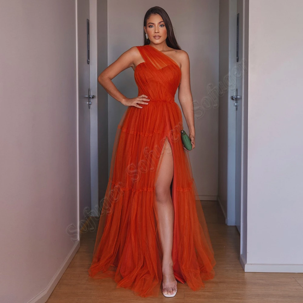 geboorte nogmaals Klap Verbazingwekkende One schouder Gebrande Oranje Avondjurk Tulle Een Lijn  Slit Formele Prom Dress Vestido Wedding Fiesta Speciale Gelegenheid| | -  AliExpress