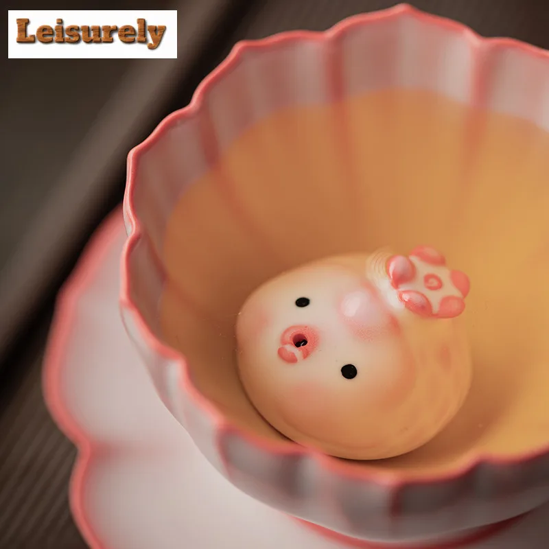 Pig Oil Jelly Powder Ru Kiln Petal Teacup Ancient Tea Bowl Cup For Tea Tea-tasting Fragrance Cup Jianzhan Master Cups Saucer