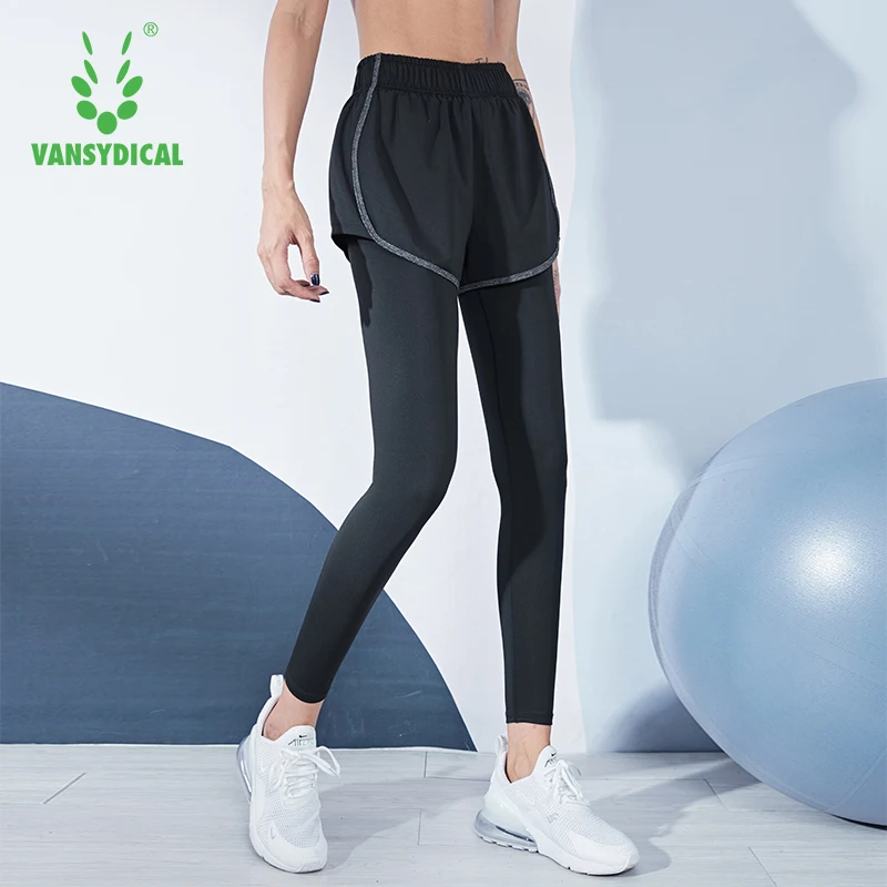 

VANSYDICAL 2 In 1 Yoga Pant Women Striped Gym Legging Jogging Running Tights Female Compression Long Track Pants Women Polyester