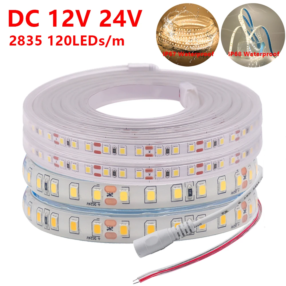 DC 12V 24V LED Strip Lights Outdoor Waterproof IP68 IP67 High Bright SMD 2835 120LEDs/m Flexible Tape LED Light White Warm White dc 12v 24v 5054 led strip light 5m 120leds m waterproof warm white 600 led stripe flexible led ribbon tape more bright 5050 5630