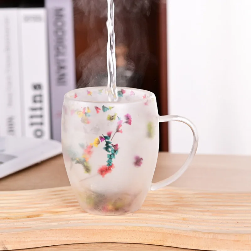 New Creative Double Wall Glass Mug Cup with Dry Flower Funny