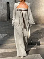 Freeacy Women's Stylish Jumpsuit Set Collarless Long Sleeve Outerwear and Strapless Wide Leg Jumpsuits Summer Loose Fit Suit - Image 4