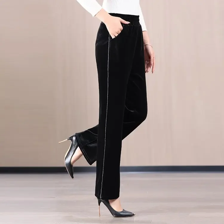 Middle-aged Elderly Women's Casual Silk Chiffon Pants Thickened Fleece-lined Loose-fit Trousers For Autumn/winter