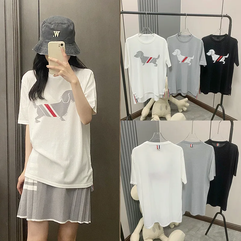 

TB Dog Printing Split Loose Short-sleeved T-shirt Female 23 Spring and Summer New College Wind Ice Hemp Casual Bottoming Shirt