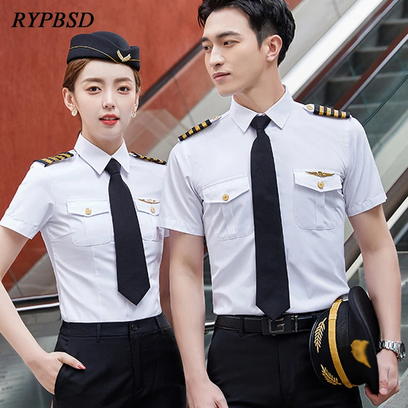 Aviation Pilot White Shirts Men 2024 Summer Short Sleeve Slim Air Force Captain Stewardess Pilot Uniform Work Cosplay Costume w nike air force 1 07 low white dd8959 100