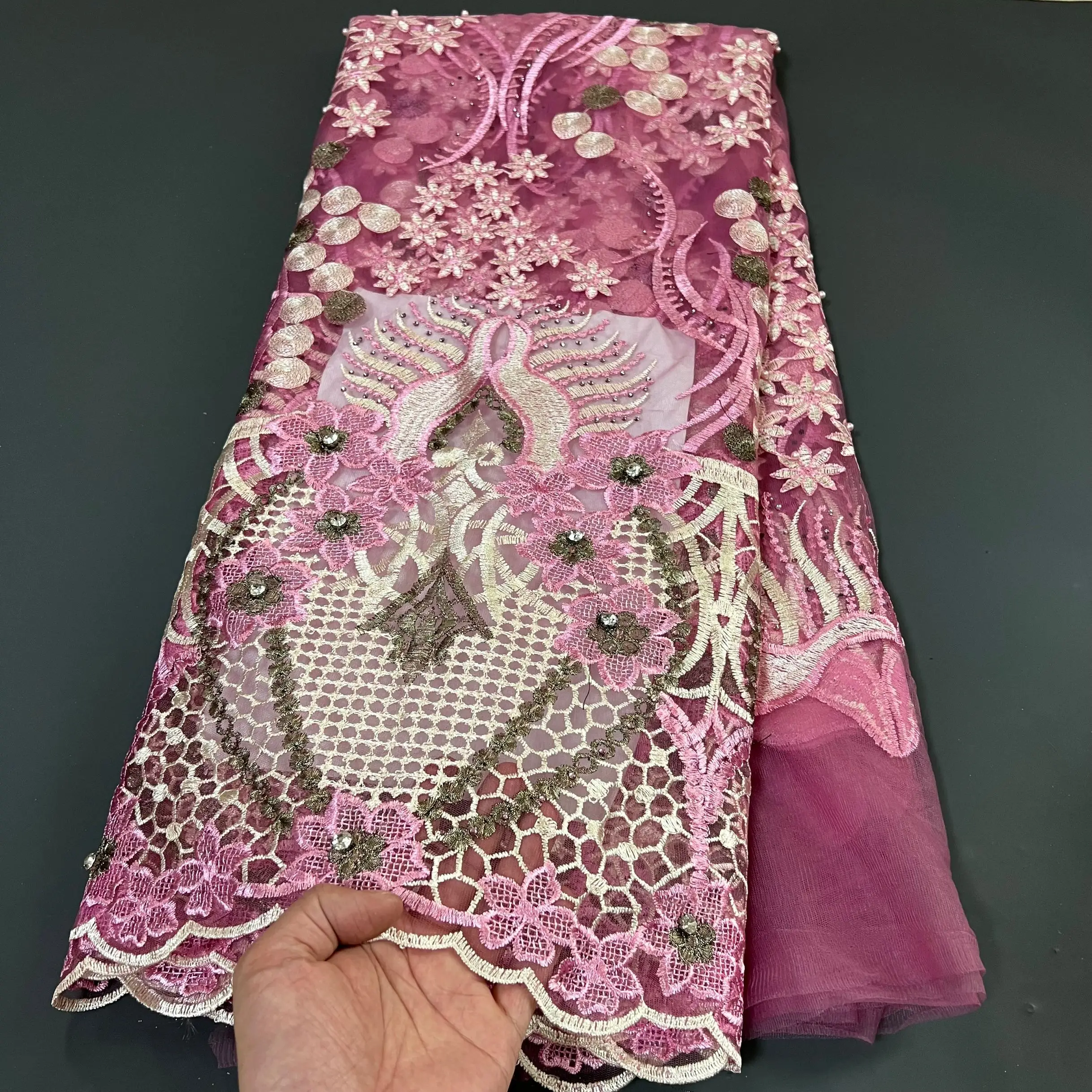 

2023High Quality African Nigerian Lace Fabric Embroidery Tulle Pure Wedding Party Dress Guipure SequinsFor Sewing Beads 5yards