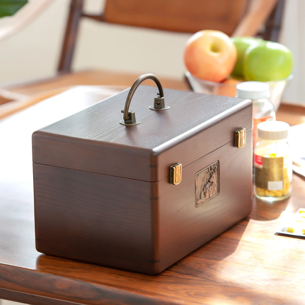 Luxury Wood Medicine Box Organizer Double Layer Portable First Aid Kit Pillboxes Large Capacity Storage Box Household Pill Case 5