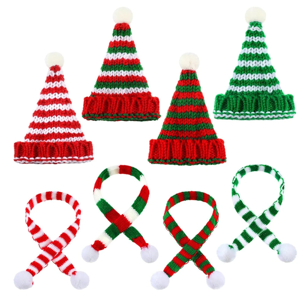 2PCS Mini Stricken Puppe Hüte und Schals Set Mini Santa Streifen Puppe Kleidung Zubehör für DIY Handwerk Weihnachten baum Geschenk Decora