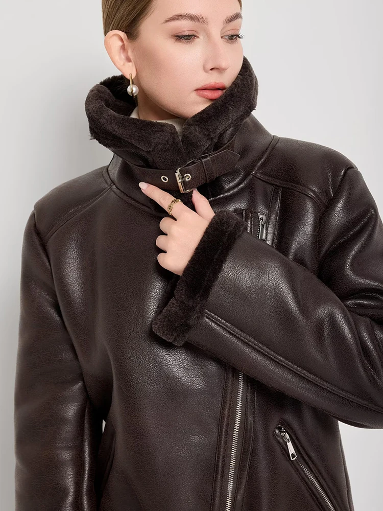 2025 Winter Women Faux Fur Leather Jacket Casual Thick Warm Jackets High Street Motorcycle Coat Long Sleeve Belt New Outerwears