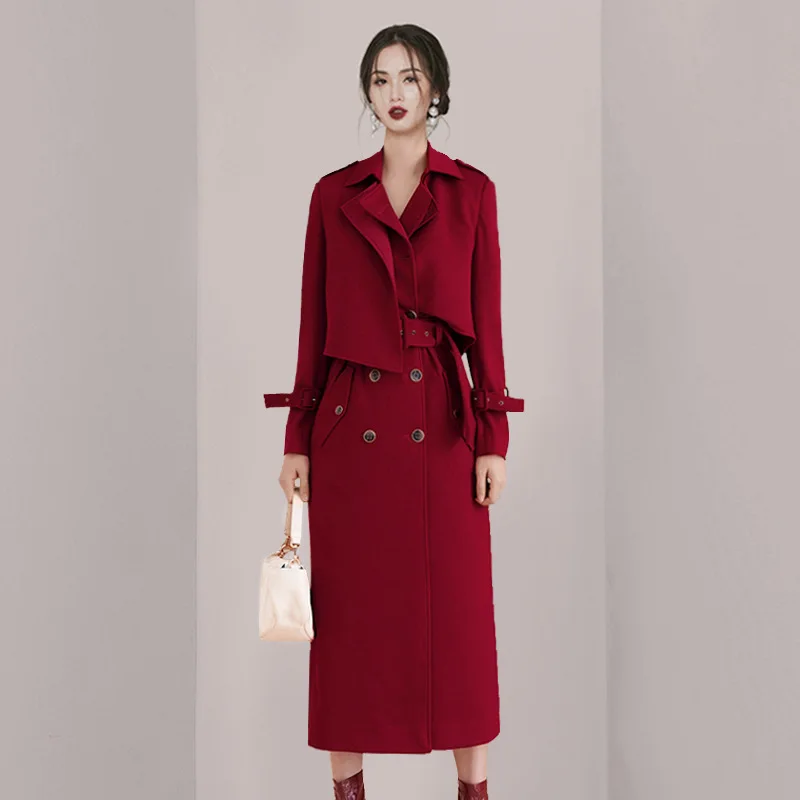 

2023 Autumn Women's Vintage Double Collar Breasted Strap Waist Down Thin Temperament Coat Medium Long Red