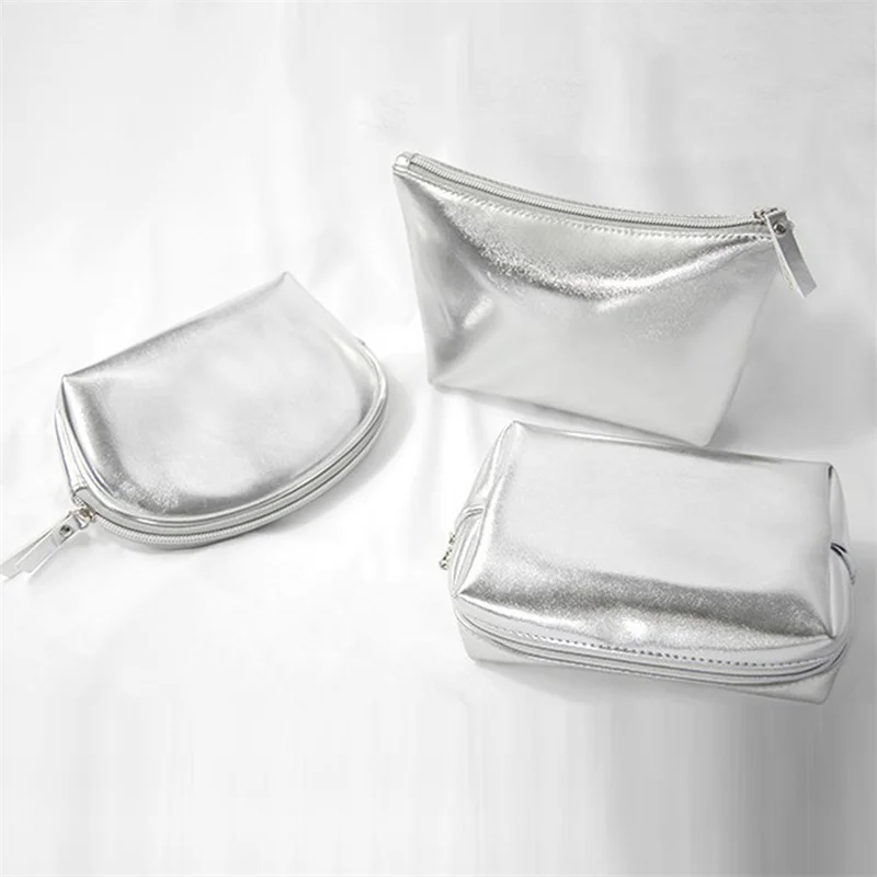 

Women Travel Cosmetic Bag Multifunction Silver Storage Bags PU Leather Portable Toiletries Organizer Waterproof Make Up Cases
