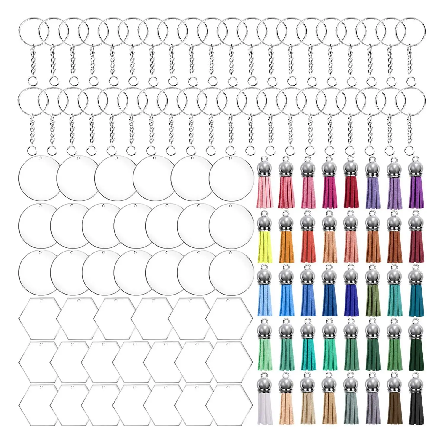

160 Pcs Acrylic Keychain Blanks Craft Tassel Set, Clear Keychain Blank (Hexagon and Round) for DIY Keychain