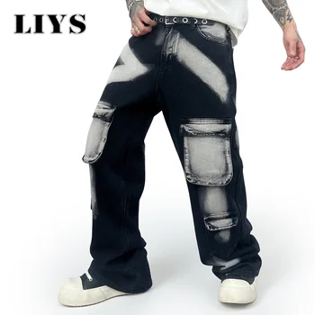 Trousers Streetwear Aesthetic Men's Jeans Tie Dye Man Cowboy Pants Wide Leg Hip Hop Goth Soft Cotton Original Multi Bag Jeans 1