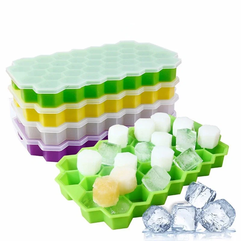 

Summer Honeycomb Ice Cube Trays Ice Cube Maker Silicone Molds 37 Cells Free Ice maker with Removable Lids For Whiskey Cocktail