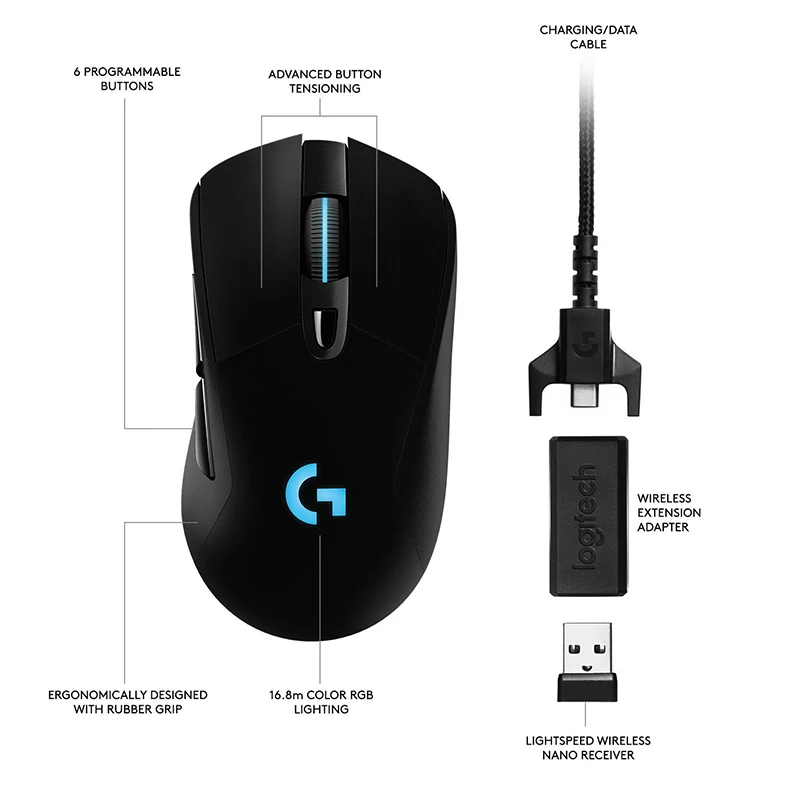 로지텍 G703 기계식 게이밍 마우스, RGB 25K 히어로 25600DPI, 유선 및 무선 듀얼 충전 지지대 파워플레이