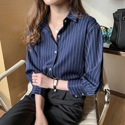 Listrado de três quartos branco blusa feminina escritório 2022 novo outono topos botão manga longa chiffon camisa mulher roupas blusas femme