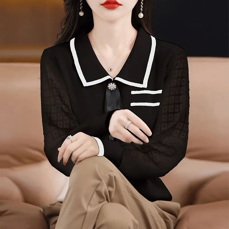 Spring Autumn Polo-neck Knitting Chiffon Patchwork Shirt Ladies Elegant Fashion Pullover Blouse Womentemperament All-match Top