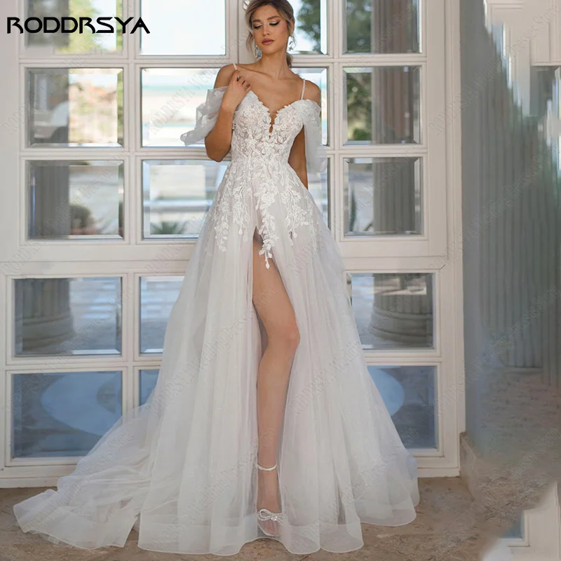 

RODDRSYA Sweetheart Appliques Wedding Dress With High Slit robe de mariée fluide Bridal Gowns Lace Tulle Sweep Train Custom Made