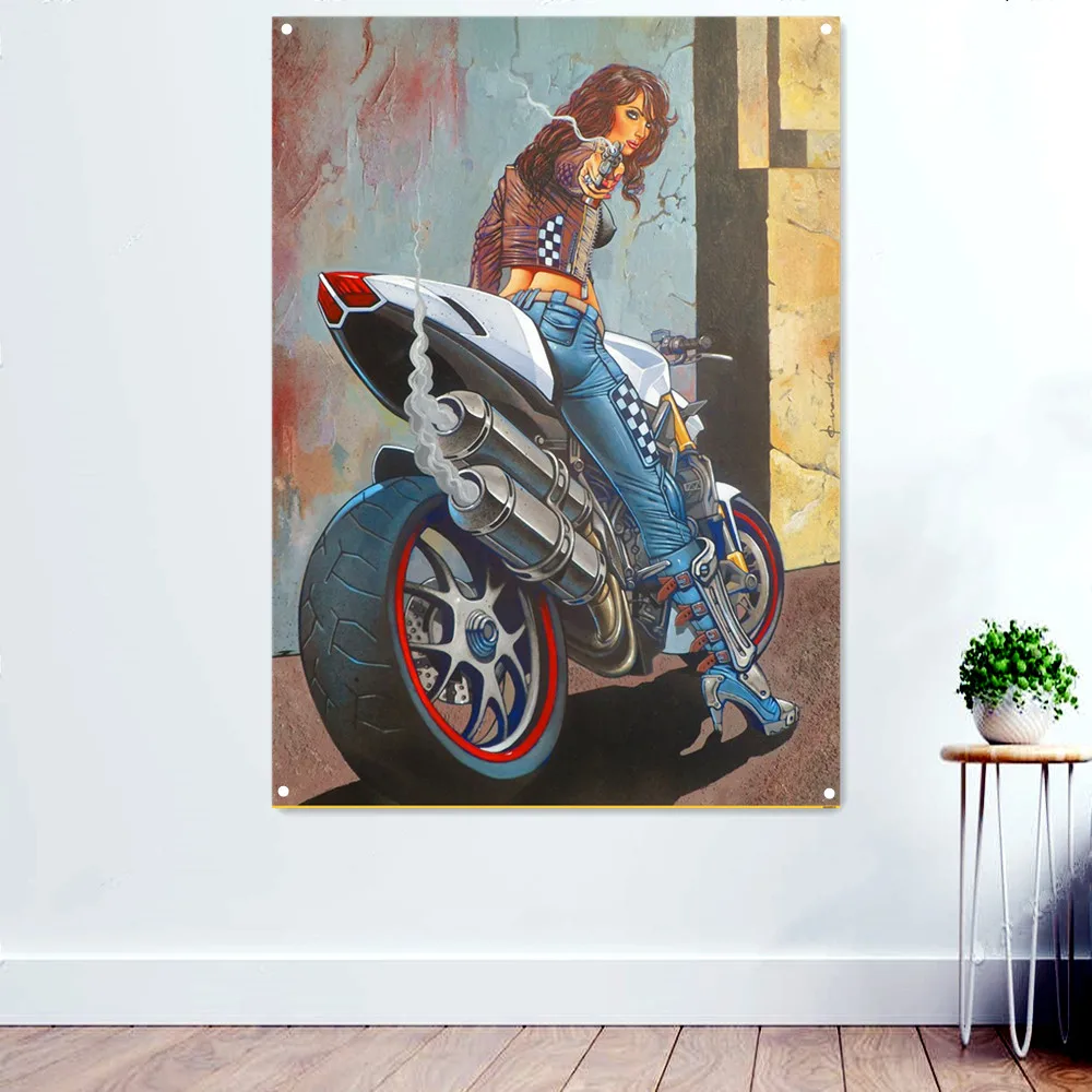 

Gunwoman Motorcycle Rider Wall Art Posters and Prints Banner Flag Man Cave Garage Locomotive Repair Shop Wall Decor Painting