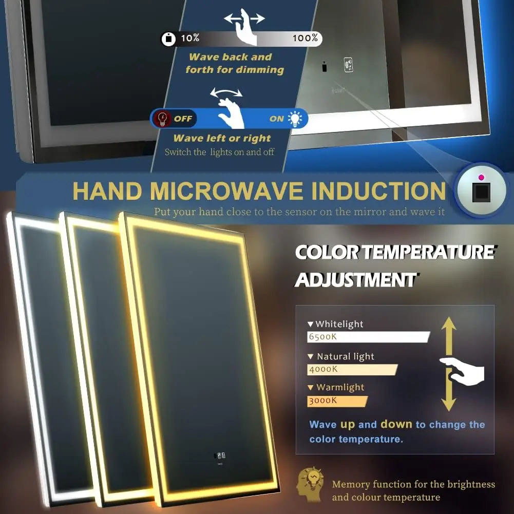 28 x 36 inch LED Bathroom Mirror Hand Wave Induction Vanity Mirror with Bluetooth Speaker Illuminated Dimmable Anti Fog