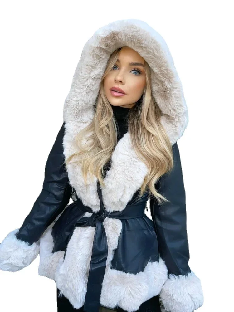 

1492 PU Leather Short Jackets Women Fashion Tie Belt Waist Coats Women Elegant Faux Fur Hooded Coats Female Fur Lined Ladies