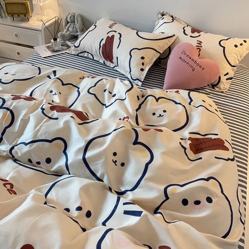 Cute Bear Bedding Set Fashion Cartoon Kids Boys Girls Single Double Flat Sheet Duvet Cover Pillowcase Bed Sheet Set 150x200