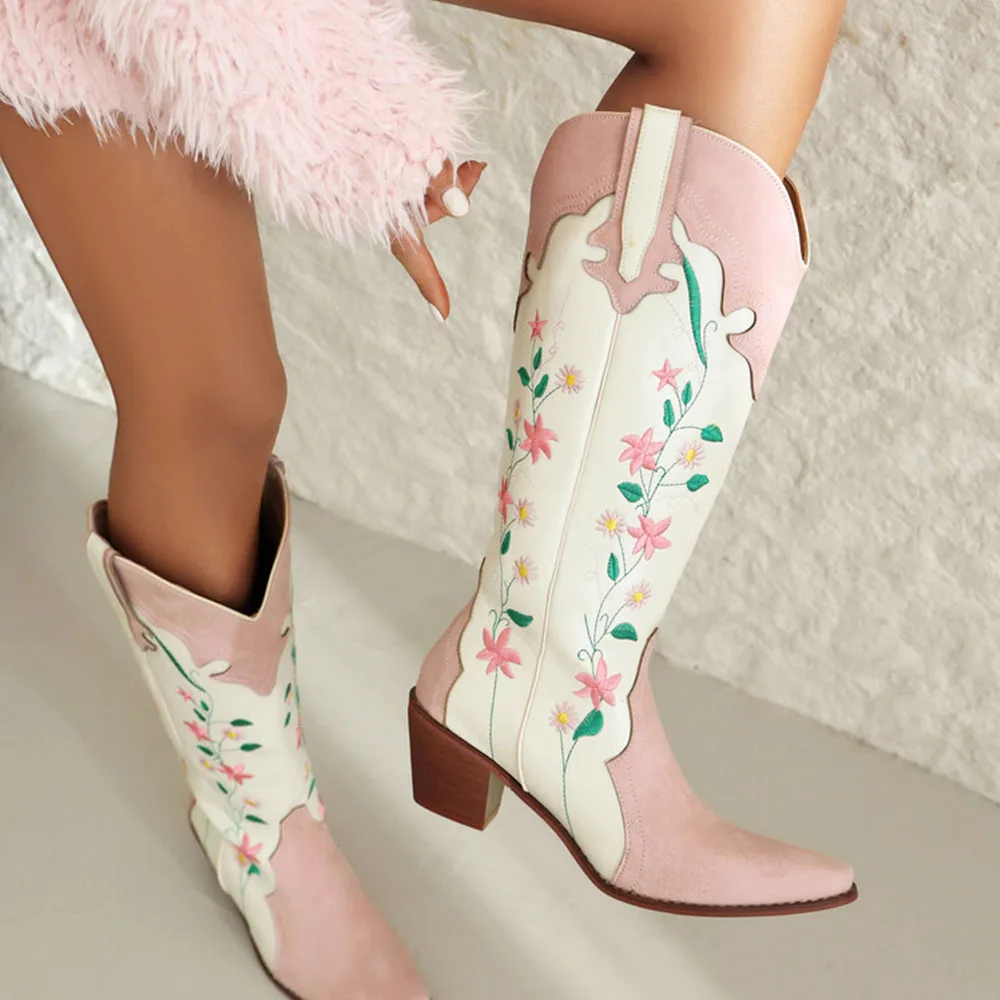 

Fashion Flower Women Western Boots Chunky Block Heeled Pointed Shoes Mid Calf Design Embroidery Platform Knee High Cowgirl Boots