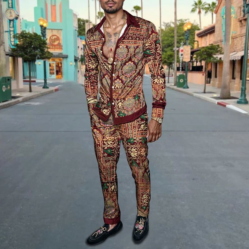 2025 Spring Summer Men Shirt Set Brand Print Fashion Printing Two Piece Set Mens Light Luxury Lightweight Party Long Sleeves_voghion.com