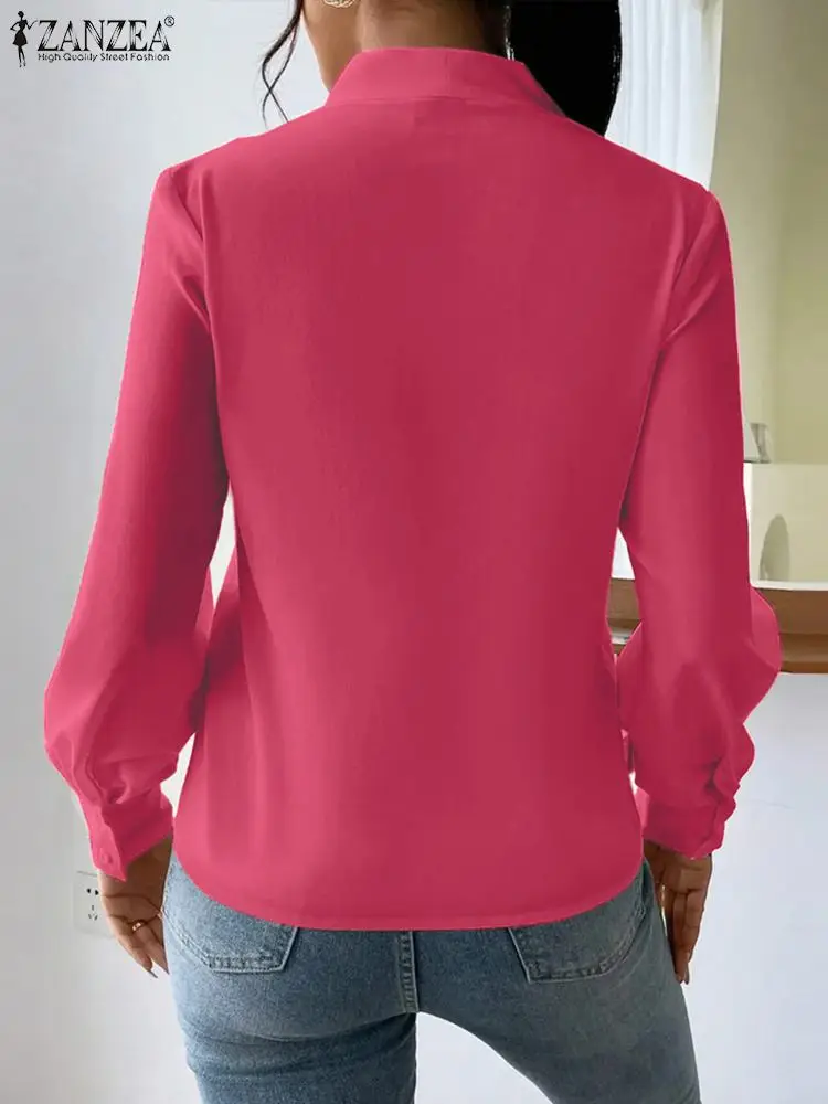 ZANZEA Vintage OL Pleating Blusas Oversized Women V-neck Shirts Fashion Solid Color Tops Tunic 2023 Autumn Long Sleeve Blouses