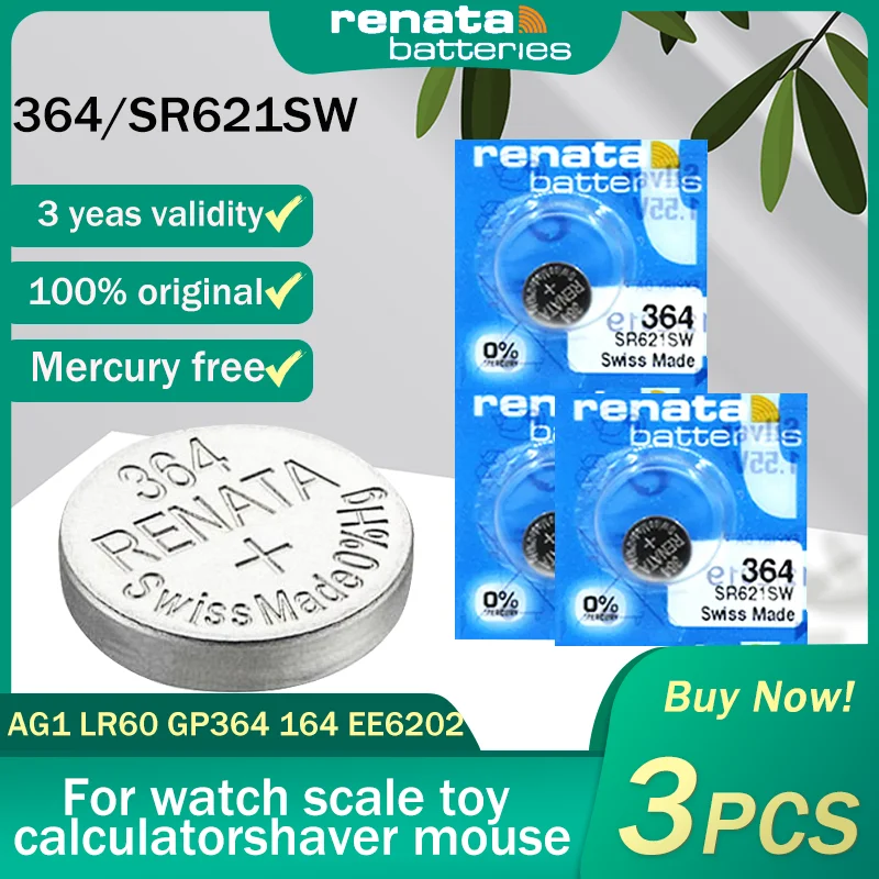 3PCS 100% Renata 364 SR621SW AG1 LR60 GP364 164 EE620 1.55V Silver Oxide  Watch Battery For Scale Toy Swiss Made Button Coin Cell - AliExpress