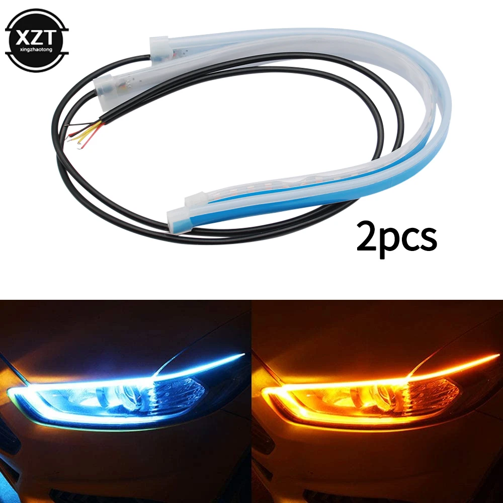 2 Pcs DRL LED Strip Turn Signal Light Yellow Bright Flexible Turn Signal Light Daytime Running Light for Car Headlight 12V