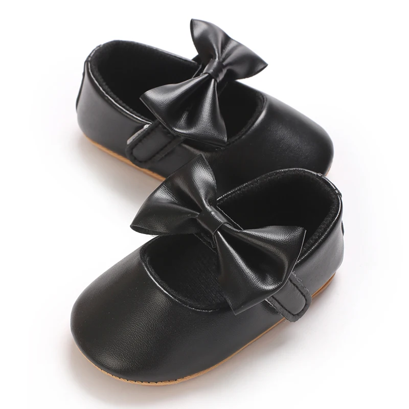 Solid Color 0-18M Baby Girl Mary Jane Flat Shoes With Butterfly Bow Rubber Anti Slip Children's First Walking Shoes Princess For