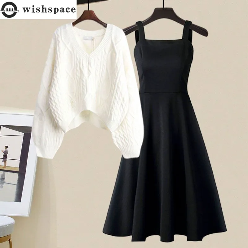 Spring and Autumn Fashion Women's Set 2023 New Korean Version High Grade Temperament Sweater Slim Dress Two Piece Set