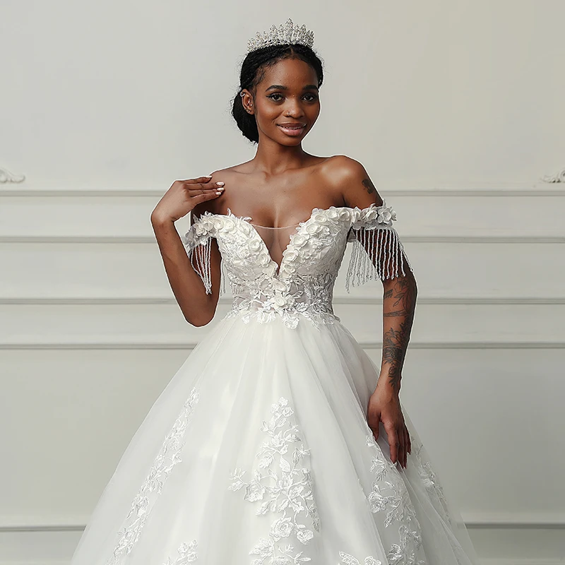 Customized Boat Neck Wedding Dresses for Women flower pattern tassel vestidos de novia robe de mariée Wedding Ceremony Dress 4