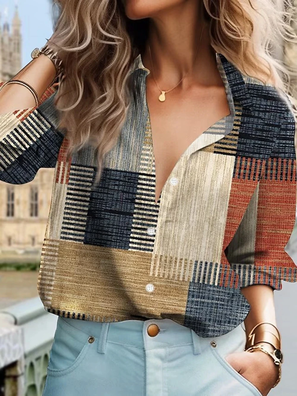 Women's shirt color-blocked button printed long-sleeved casual retro daily 2024 spring and summer top